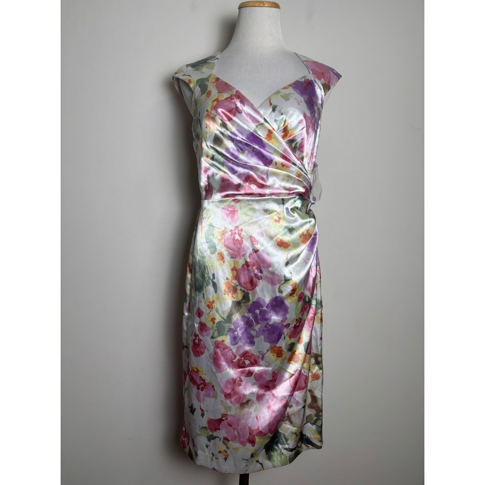 London Times Floral Satin Sheath Dress 8 Pastel Wedding Cocktail Garden Party